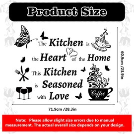 Kitchen Wall Decals Dining Room Quotes Wall Stickers The Kitchen is The Heart of the Home Sign Decor Word Saying Lettering Wall Decals Butterfly Coffee Cup Sticker for Family Home Restaurant Decor