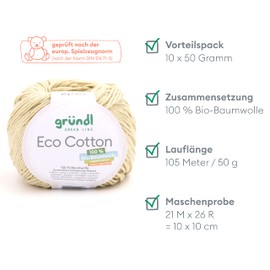 Gründl Eco Cotton Wool (Yarn Made from 100% Organic Cotton, Oeko-Tex® Certified, Easy Care & Washable, 50 g/105 m, Needle Size: 3.50 - 4.50 mm, 10 x 50 g), Sage