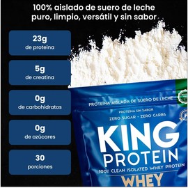 KING PROTEIN Aislado de suero de leche puro y sin sabor con monohidrato de creatina 23 g de proteína, 5 g de creatina y BCAA Sin carbohidratos, conservantes, soja ni gluten 900 g, 30 raciones