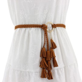 FAIRYGATE Brown Belt Womens for Jeans Dress Pants Thin Braided Trendy Boho Waistband Tassel Waist Belts for Women A1009