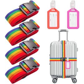 Pack of 4 Luggage Straps, Includes 2 Luggage Tags with Address Label, Cross Luggage Strap, Practical Luggage Strap, Adjustable Travel Belt with Buckle, Suitcase Packing Belt, Travel Accessories