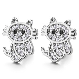 Cute Cat Earrings with Cubic Zirconia, Womens, Stainless Steel Ball Stud, 2pcs, Screw Back, Brass, Cubic Zirconia