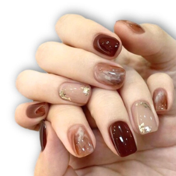 Nail Tips, Set of 24 False Nails, Mocha Color, Gold