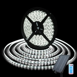 Tira de luces LED solares impermeables para exteriores, cuerda solar, de 32.8 pies con 8 modos, temporizador de control remoto, temporizador de atardecer a amanecer, iluminación cortable autoadhesiva