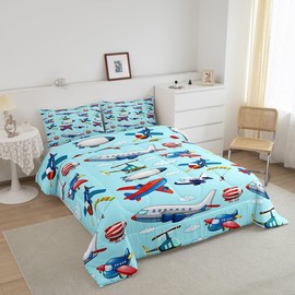 Kids Aircraft Comforter Set Boys Cartoon Airplane Print Comforter Helicopter Flying Plane Bedding Set for Children Girls Travel Decor Duvet Set Cute Colorful Planes Room Decor Full Size Quilt Set