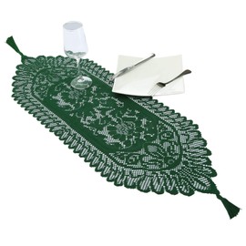 mookaitedecor 13x35 Inch Green Lace Table Runner for Wedding Festival Party Christmas Table Centrepiece Home Desk Decor, Vintage Elegant Floral Small Coffee Dressing Table Runner with Tassels