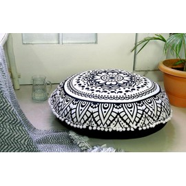 32" Mandala Large Floor Pillow Cover Meditation Cushion Seating Throw Hippie Round Colourful Decorative Bohemian Boho Chic dog bed Indian Pouf Ottoman Handmade COVER ONLY (Flower Ombre- B/W)