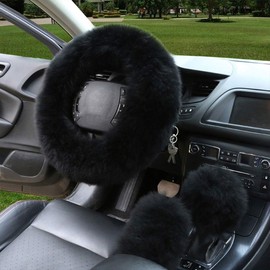 EGBANG 1 juego de 3 fundas para volante de coche, funda para freno de mano y funda para cambio de marchas, lana sintética cálida para invierno (color negro, 3 unidades)