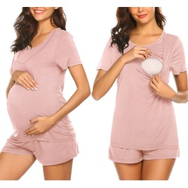 Ekouaer Maternity & Nursing Pajama Set Short Sleeve Nursing Pjs Crewneck Maternity Lounge Set With Pockets Pink XL