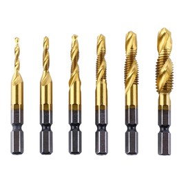 Drill Tap, Hex Bit, Drill Bit, Hexagonal Shaft, Set of 6, Chamfering Tap, Multi-functional, Drilling, Threading, Tap, Spiral, HSS High Speed Steel, M3, M4, M5, M6, M8, M10, Tap Drill Set (Titanium