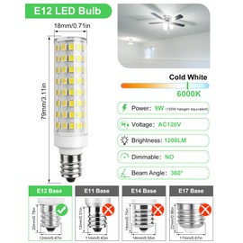 GOHDLAMP E12 9W 6000K LED Candelabra Bulbs 100w Equivalent 1200lm 0.7 * 3.11inch, Non-dimmable, 6Pack