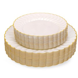 60 Pcs Ivory Scalloped Plastic Plates with Gold Trim, Heavy-Duty Disposable Plates Elegant 30 Dinner & 30 Dessert Fancy Plastic Party Plates for Party Wedding Baby Showers Special Moments (30 Guests)