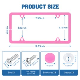 Wuyaoyao 2PCS Car License Plate Frames, 4 Holes Stainless Steel License Plate Frame, Slim License Plate Cover Holder with Screws Bolts Caps Washers, Universal Exterior Car Accessories (Pink)