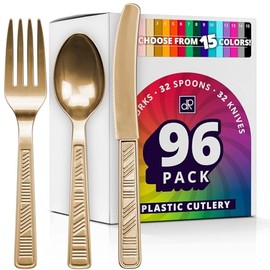 DecorRack Plastic Cutlery Set, Gold Colored Plastic Silverware Sets for Parties, 96 Piece Bulk Heavy Duty Utensils (Gold, 96 Pieces)