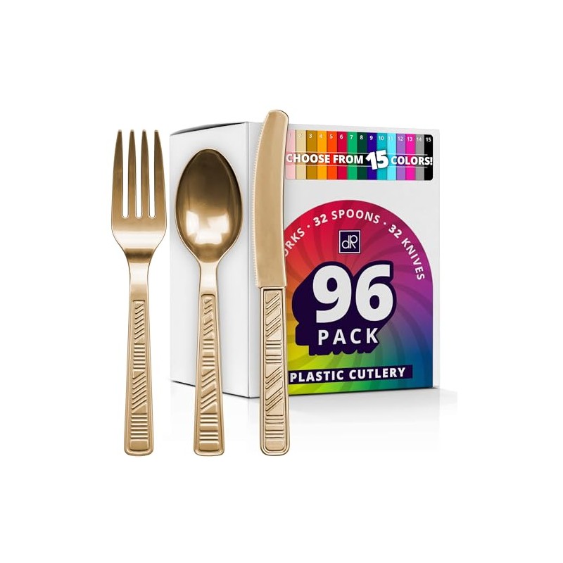 DecorRack Plastic Cutlery Set, Gold Colored Plastic Silverware Sets for