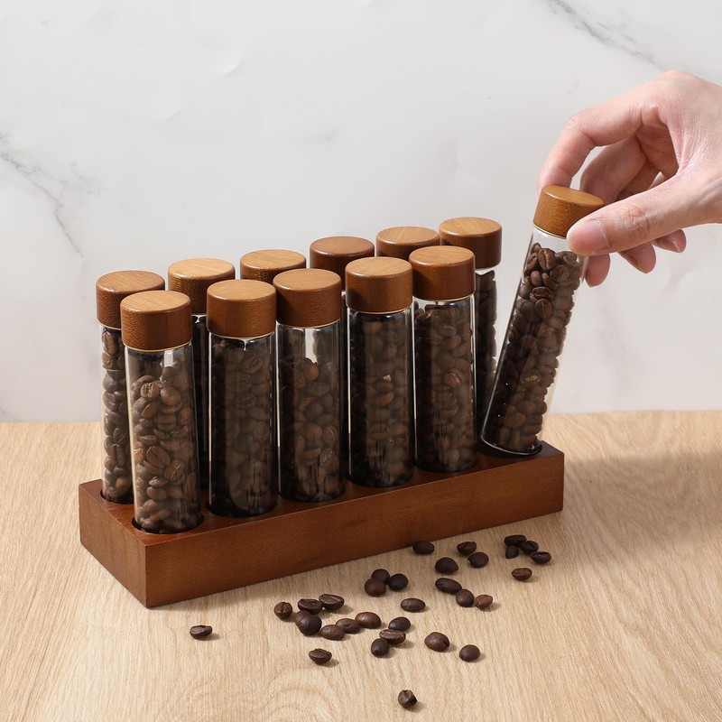 12-Pack Single Dose Coffee Bean Storage Tubes with Pine Wood