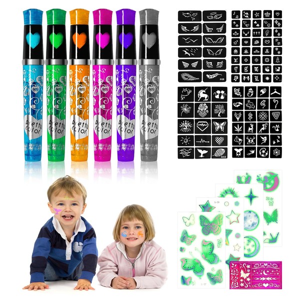Clundoo Tattoo Pens, 6 Colours Tattoo Pens for the Skin with 9 Stencils, Glitter Tattoo Set for Children for Boys Girls Halloween