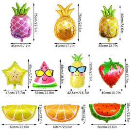 10PCS Summer Fruit Foil Helium Mylar Balloons, Pineapple Watermelon Strawberry Lemon Orange Hawaii Multiple Styles Colorful Party Decoration Supplies for Beach Party Wedding Birthday Baby Shower