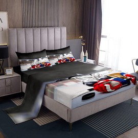 Erosebridal Ice Hockey Bed Sheets Twin Size Kids Hockey Player Sheet Set 3 Piece Super Soft Sports Game Bedding Set Deep Pocket Winter Sports Flat Fitted Sheet with 1 Pillow Case