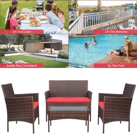 Homall 4 Pieces Outdoor Patio Furniture Sets Rattan Chair Wicker Set, Outdoor Indoor Use Backyard Porch Garden Poolside Balcony Furniture Sets (Red)