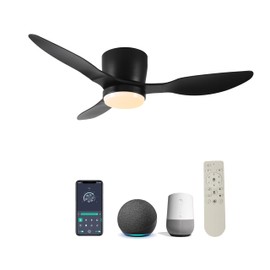 YLIEHS 42-Inch Smart Flush Mount Ceiling Fan with Lights, Remote & WiFi Control, Quiet Operation, Dimmable LED, Matte Black
