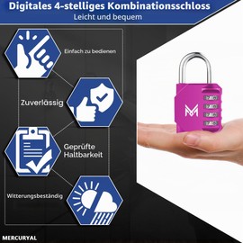 MERCURYAL Padlock Combination - Lock Lock - Security 4 Numbers - 1/2 UDS in Black Colour - Padlock Suitcase, Gym, Boxing, Gym (1 Unit, Pink)