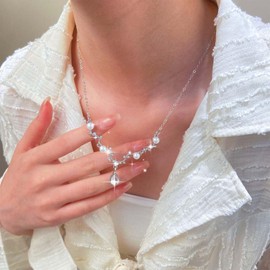 Inateannal Pearl Rhinestone Wedding Necklace Silver Tears Crystal Necklace Cubic Zirconia Bridal Necklace Pink Rhinestone Pendant Necklace Vintage CZ Pearl Choker Necklace, Zinc, No Gemstone