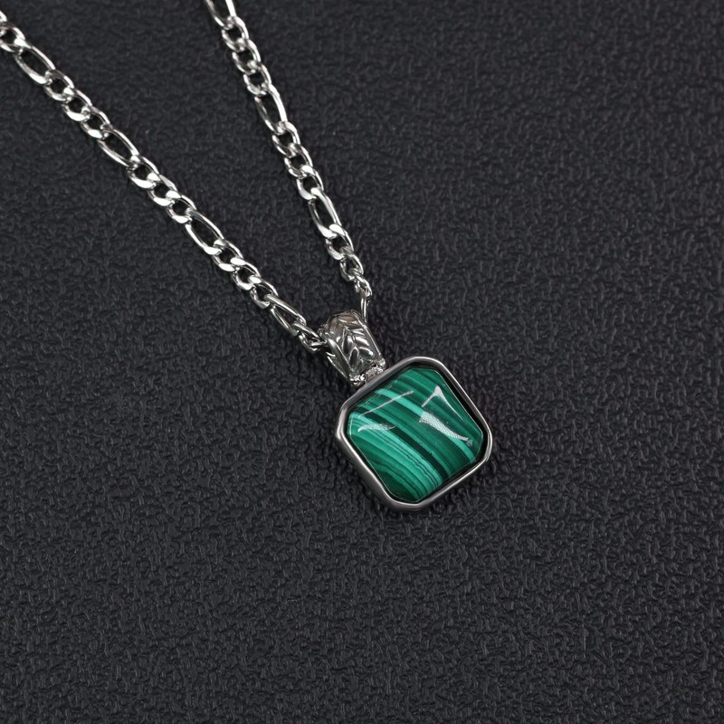 COAI Unisex Surfer Necklace with Square Gemstone Pendant, Stone, Malachite