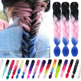 3 Pack Braiding Hair Ombre Braiding Hair 24 Inch Jumbo Braiding Hair Extension,Nature Synthetic Hair Extensions for Braid smulticolour（black/pink/Blue/C1）