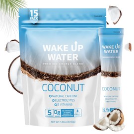 Wake Up Water - Energy + Hydration Sugar Free 15 Pack, Coconut Flavor - Energy Drink Powder, Electrolytes Powder Drink, Natural Caffeine Mix Packet, B Vitamins, 5 Calories, Gluten Free - .10 oz (2.9g)