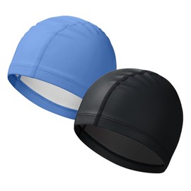 ATNOSH Pack of 2 Waterproof Swimming Caps, Swimming Caps for Men Women, PU Coated, Elastic Swimming Caps for Adults, Lightweight Swimming Cap, Soft, Comfortable, Durable (Black + Blue)