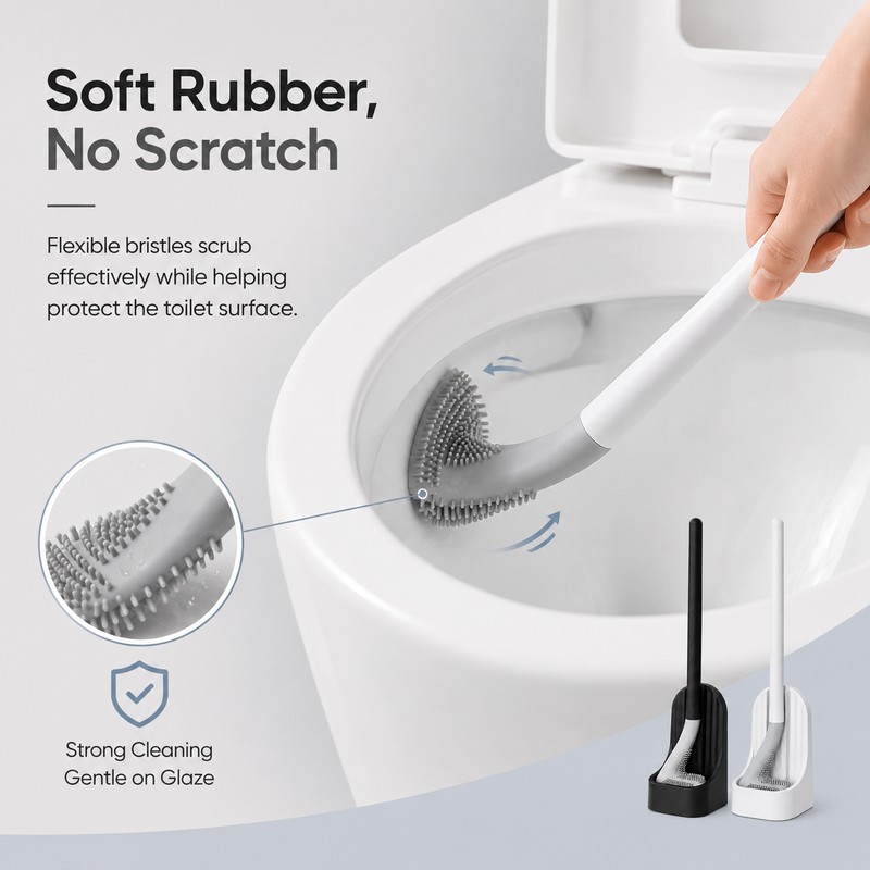 Wall-Mounted Toilet Brush with Base – Soft Rubber Cleaning Head