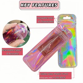 FERENLI 100 Pcs Resealable Holographic Pen Bags with Hang Hole 2.2x8.7 inch (5.5x22 cm) Clear Plastic Pouch Packaging Bag for Small Business Party Favor Jewelry Brushes Craft Supplies