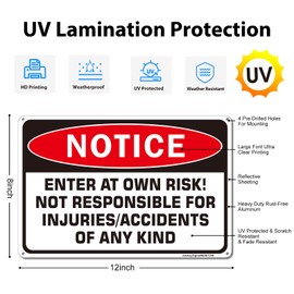 Notice Enter at Own Risk Sign, Not Responsible for Injuries or Accidents Sign, Caution Safety Sign, 2 Pack-12x8 Inches Reflective Aluminum, UV Protected, Ink Printing, Weatherproof, Easy to Mount
