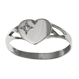 WOMENS White/Clear Cubic Zirconia (CZ) Set Heart Signet Ring With Cut-Out Shoulders - 925 Sterling Silver - Size M