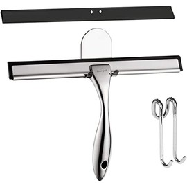 Ibergrif M34101 No Drilling Shower Squeegee with Hook, Bathroom Scraper with Holder, Stainless Steel, Chrome, Rustproof, Grey, One Size