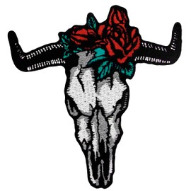 Bull Skull With Rose Patch Embroidered Applique Badge Iron On Sew On Emblem
