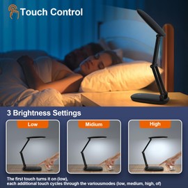 LED Desk Lamp for Office Home & Battery Operated Lamp Rechargeable Lamp Foldable & Portable Light, [2-fold support frame higher] 3 Brightness Dimmable Small Desk Lamp Wireless Reading Lamp (Black)