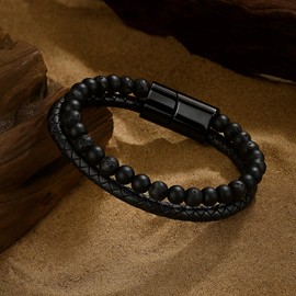 Adorashine Men's Braided Leather Bracelet, Black Stainless Steel Cuff Wristband, Adjustable Biker Style Gift for Men (Black beads)