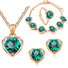 Wedity Heart-shaped Crystal Necklace Earrings Bracelet Ring Set Gold Fashion Love Heart Pendant Choker Necklaces Jewellery for Women and Girls (Green)