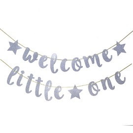 Welcome Little One Glitter Banner, Pre-strung Baby Shower Banner, Gender Reveal Party Decor (Silver)