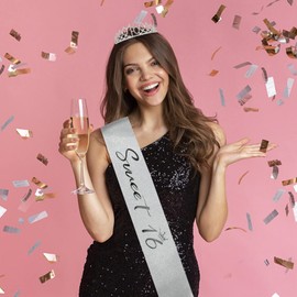 Araluky Sweet 16 Tiara and Sash Set - 16th Birthday Crown and Sash for Girls - Silver, Carbide Crystal