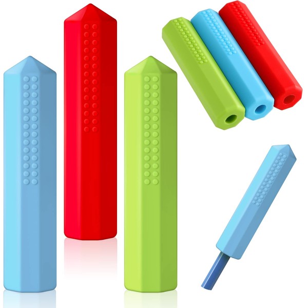 6 Pieces Sensory Chew Pencil Toppers Set Chewable Pencil Toppers Autism Chew Toys for Sensory Kids Boys and Girls, Oral Motor Needs(Red, Blue, Green)