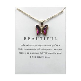 Pingyongchang Crystal Butterfly Pendant Necklace With Card Bohemian 18K Gold Plated Chain Insect Resin Chokers for Friend Women Friendship Valentine's Day Mother's Day Holiday Jewelry-Rose Colorful D