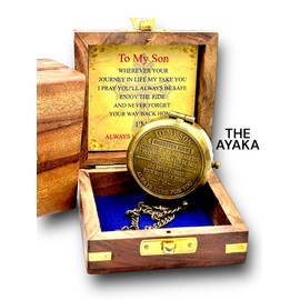AYAKA To My Son Engraved Compass with Wooden Case Brown Antique Finish | Inspirational Gift for Son from Mom/Dad | Birthday, Graduation, or Special Occasion Keepsake