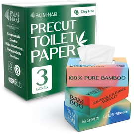 Pre-Cut Bamboo Toilet Paper – 3-Ply, Tissue Boxes – Gentle & Sustainable | No Fragrance, No BPA, No PFAS – Lint-Free | Septic Safe, Dissolves Fast | 3 Boxes (125 Sheets/Box) | PALM NAKI