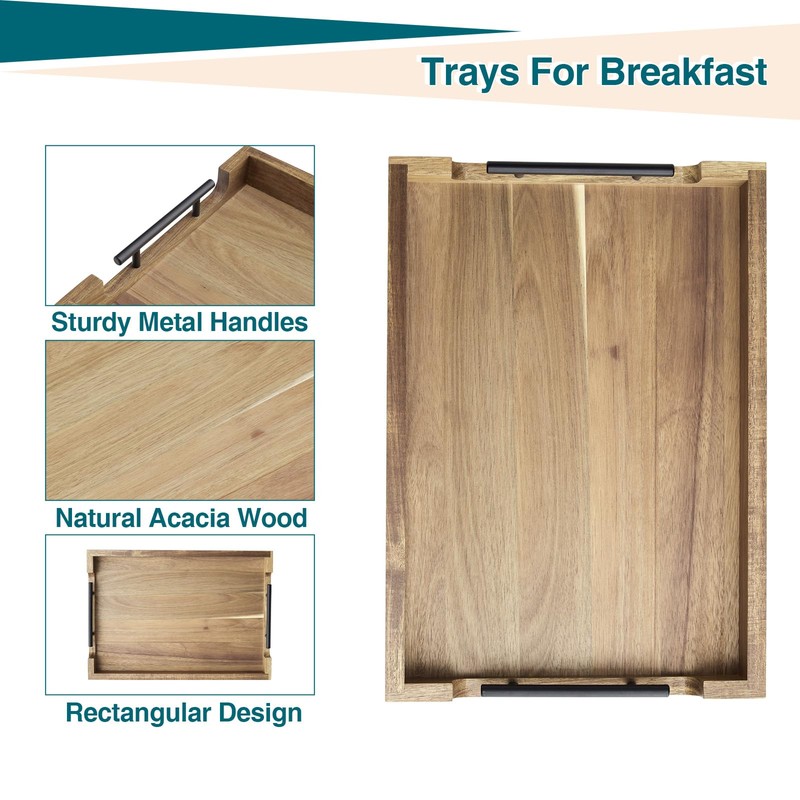Wood Serving Tray with Metal Handles, Acacia Wooden Serving Tray