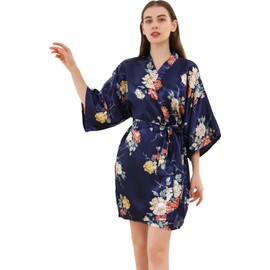 QXQTER Women Floral Satin Robe Silky Bridal Bridesmaid Robe Short Kimono Dressing Gown for Wedding Party Sleepwear