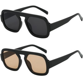 MUNSADE Trendy Square Aviator Sunglasses for Women Flat Top Designer Stylish Frame Sun Glasses Vintage Shades ((2 Pack) Black/Grey+Black/Light Brown)