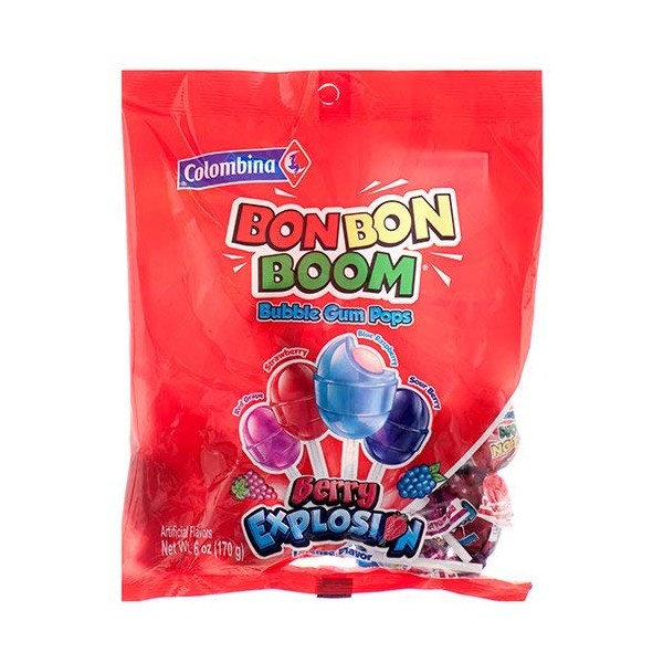 Colombina Bon Bon Boom Berry Explosion Bubble Gum Pops - 6-oz. Bag